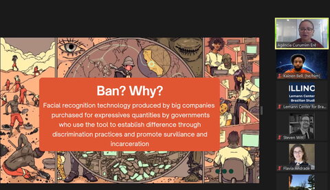 Horrara Moreira lectures next to a slide titled "Ban? Why?" with illustrations of labor in the background.