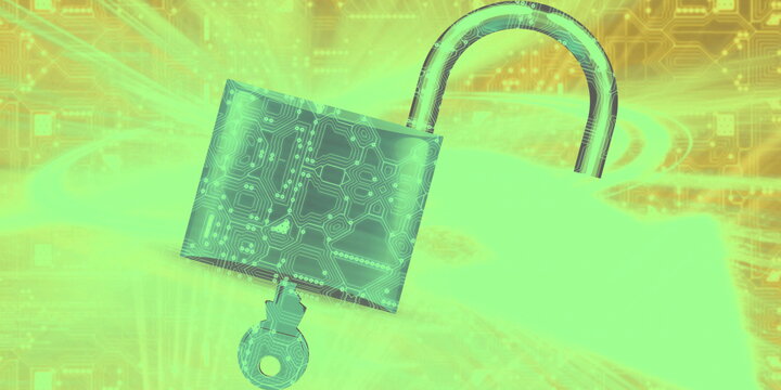 a key unlocks a padlock with circuit board patters on it