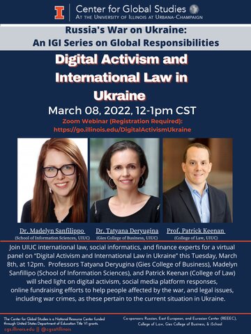 Flyer for the event called "Digital Activism and International Law in Ukraine"