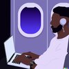 Man sitting in an airplane looking at a laptop. Vaporwave style.