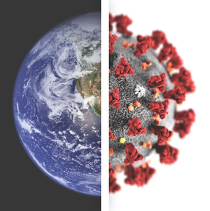 Half of the earth juxtaposed against half a rendering of the COVID-19 virus.